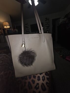 Marc Jacobs GRIND Taupe Leather Tote Bag with Fur Pom Charm